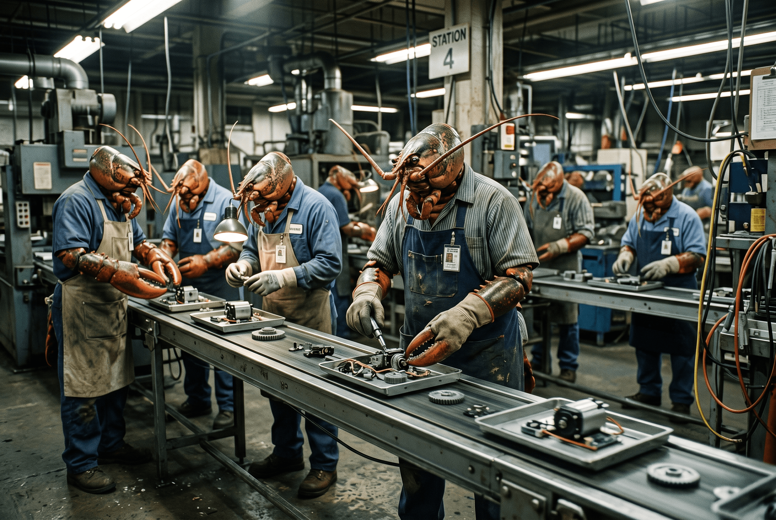 Humanoid lobsters working an assembly line in an industrial factory — a visual metaphor for OpenClaw being deployed inside mid-market manufacturing.